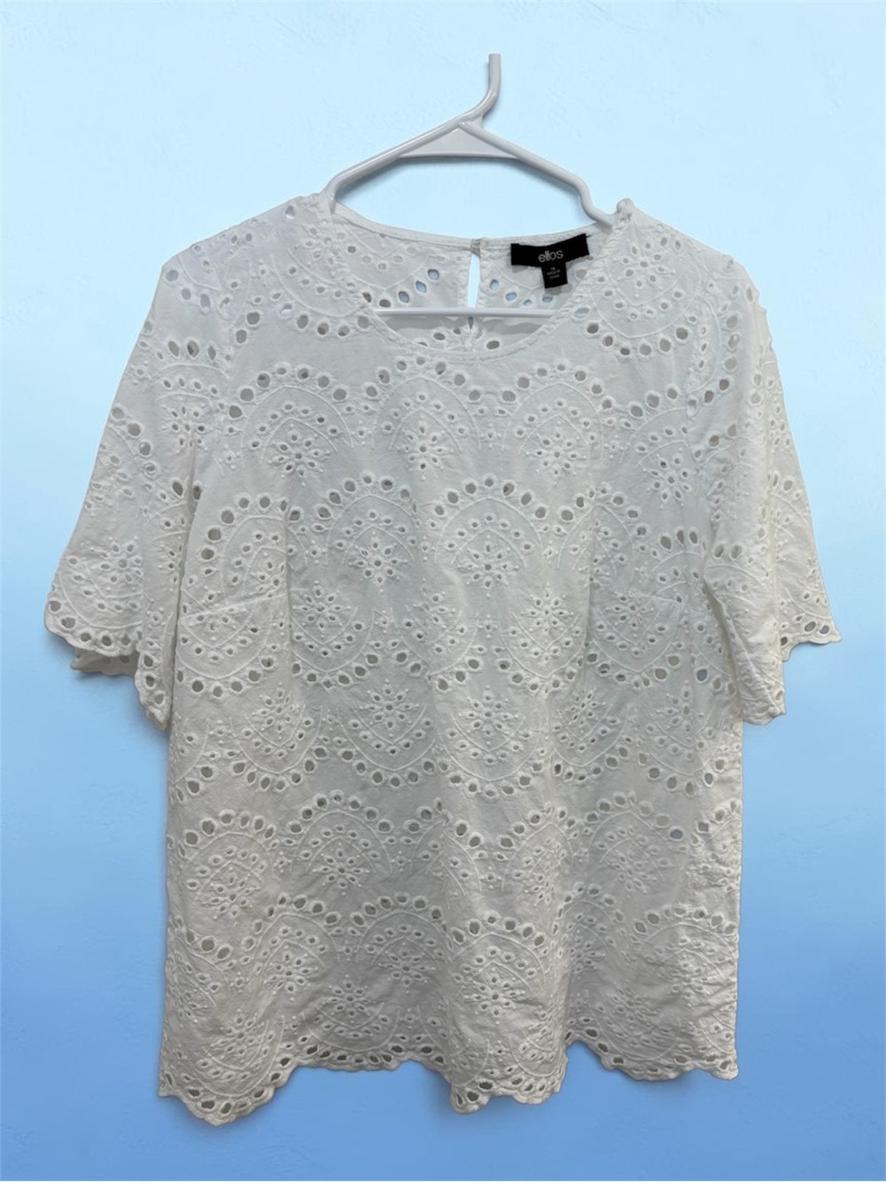 ellos White Eyelet Short Sleeve Blouse, size 14